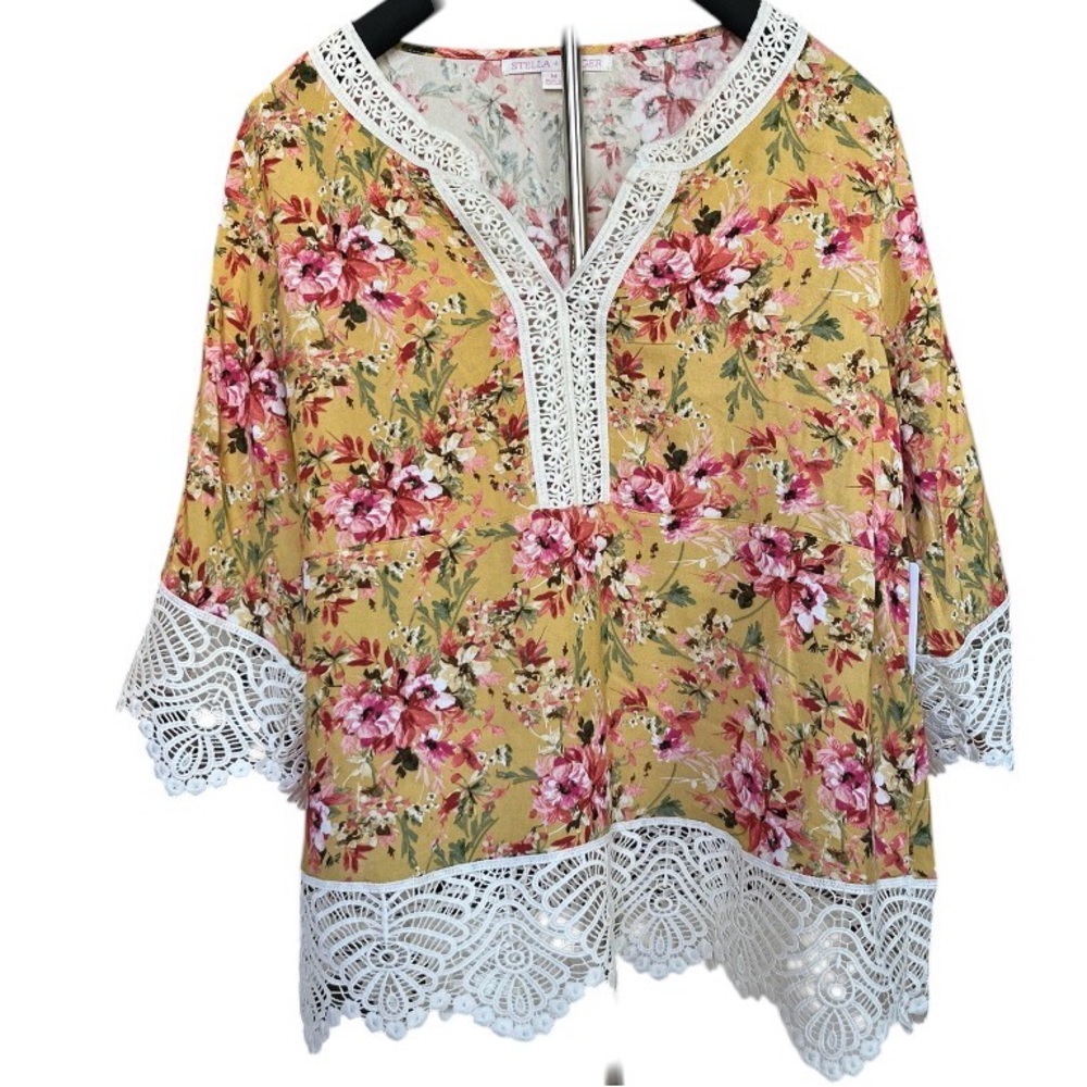 STELLA + GINGER Floral Lace Trim Boho Blouse Size M NWT Mustard Pink Cottagecore